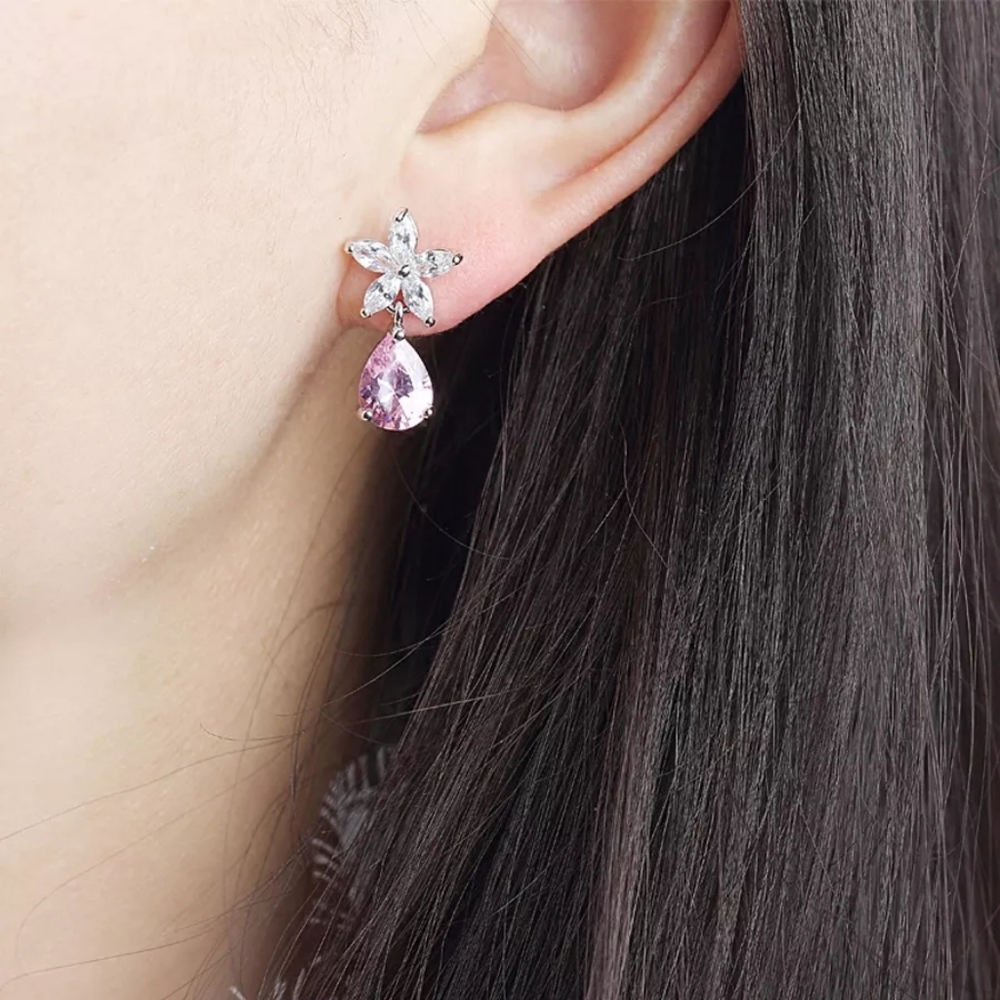 Romantic Shiny White Flower Tear Drop Earrings - Picture 2 of 4